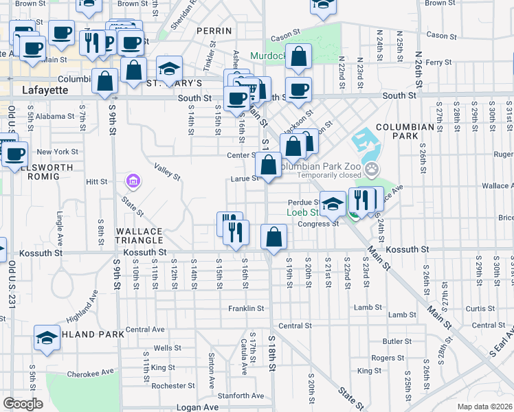map of restaurants, bars, coffee shops, grocery stores, and more near 1702 Congress Street in Lafayette