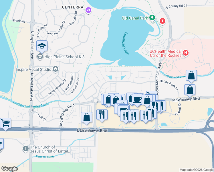 map of restaurants, bars, coffee shops, grocery stores, and more near 1875 Fall River Drive in Loveland