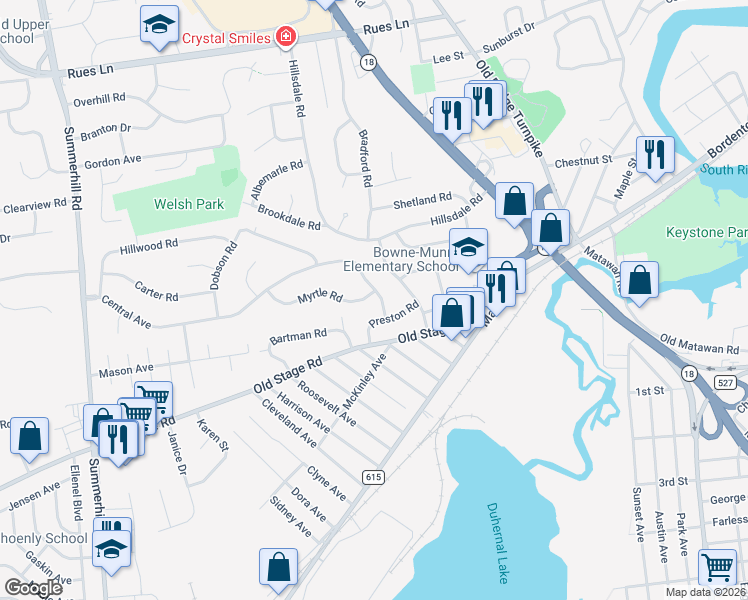 map of restaurants, bars, coffee shops, grocery stores, and more near 8 Preston Road in East Brunswick
