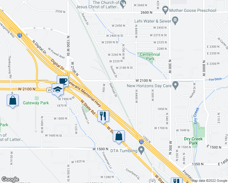 map of restaurants, bars, coffee shops, grocery stores, and more near 1996 Railroad Street in Lehi