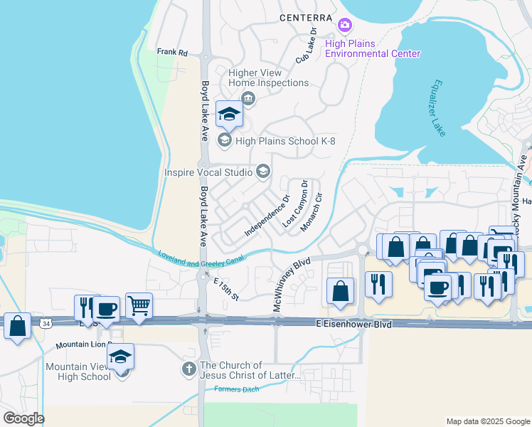 map of restaurants, bars, coffee shops, grocery stores, and more near 1919 Harvard Place in Loveland