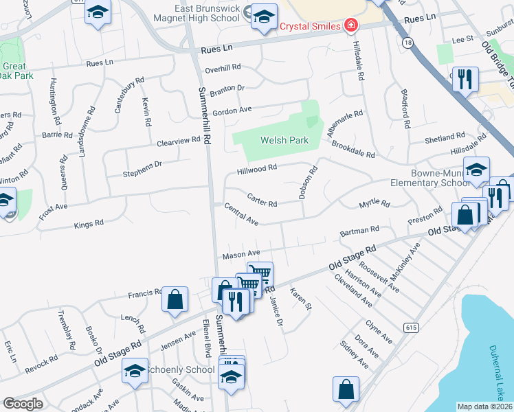 map of restaurants, bars, coffee shops, grocery stores, and more near 81 Central Avenue in East Brunswick