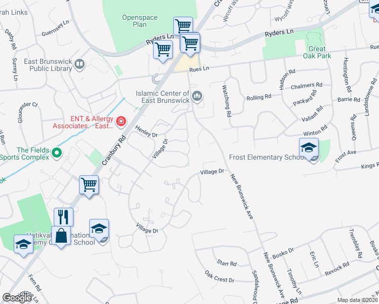 map of restaurants, bars, coffee shops, grocery stores, and more near 338 Bromley Court in East Brunswick
