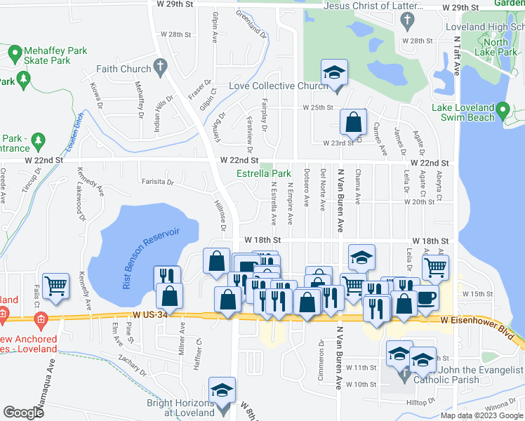 map of restaurants, bars, coffee shops, grocery stores, and more near 2336 Fountain Drive in Loveland
