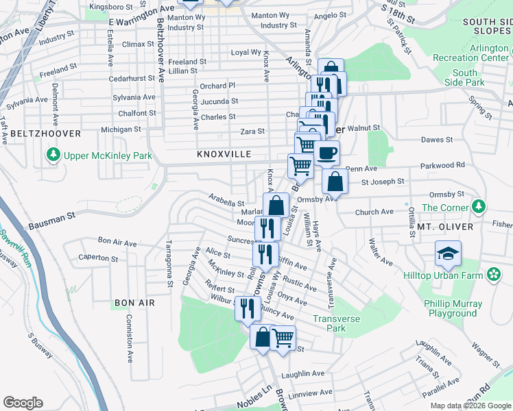map of restaurants, bars, coffee shops, grocery stores, and more near 222 Mathews Avenue in Pittsburgh