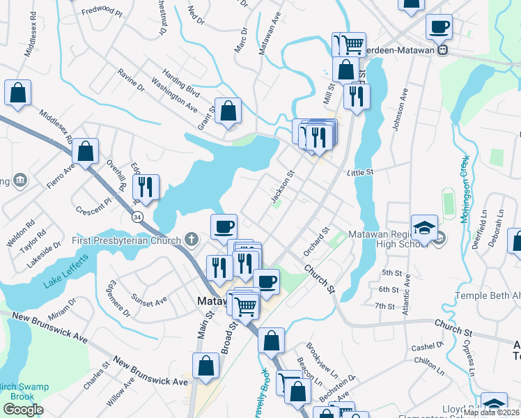 map of restaurants, bars, coffee shops, grocery stores, and more near 55 Wyckoff Street in Matawan
