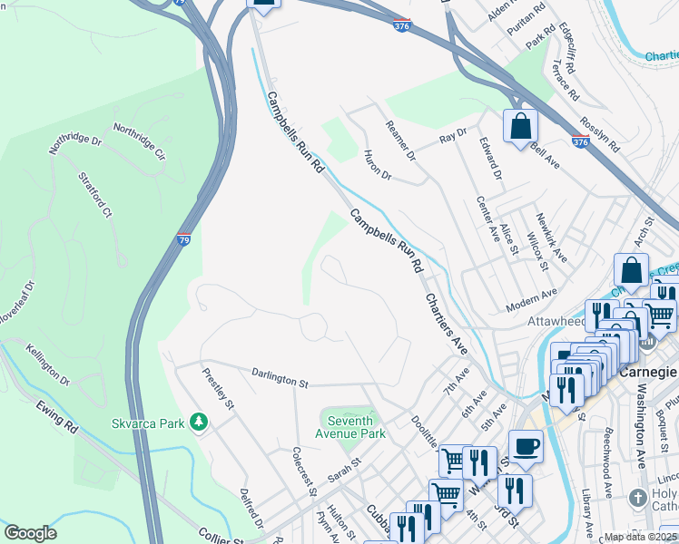 map of restaurants, bars, coffee shops, grocery stores, and more near 206 Mountain Drive in Carnegie