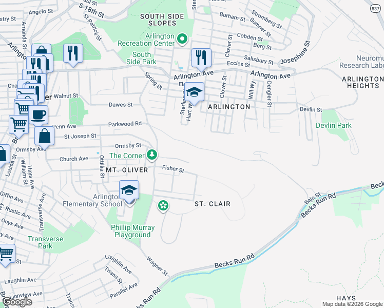 map of restaurants, bars, coffee shops, grocery stores, and more near 818 Parkwood Road in Pittsburgh