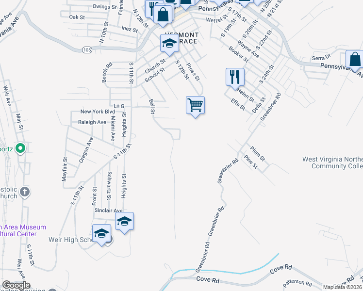 map of restaurants, bars, coffee shops, grocery stores, and more near 133 Lafayette Cir in Weirton