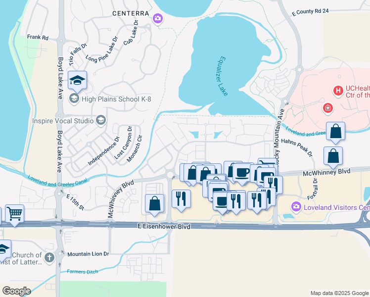 map of restaurants, bars, coffee shops, grocery stores, and more near 4760 Hahns Peak Drive in Loveland