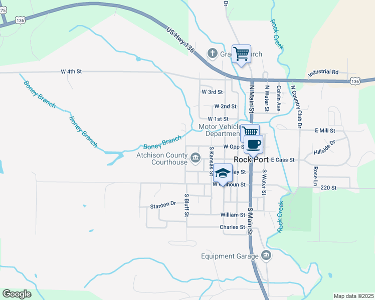 map of restaurants, bars, coffee shops, grocery stores, and more near 100-122 South Bluff Street in Rock Port