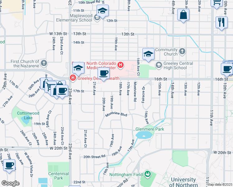 map of restaurants, bars, coffee shops, grocery stores, and more near 1675 18th Avenue in Greeley