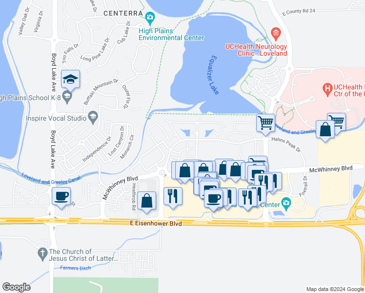 map of restaurants, bars, coffee shops, grocery stores, and more near in Loveland