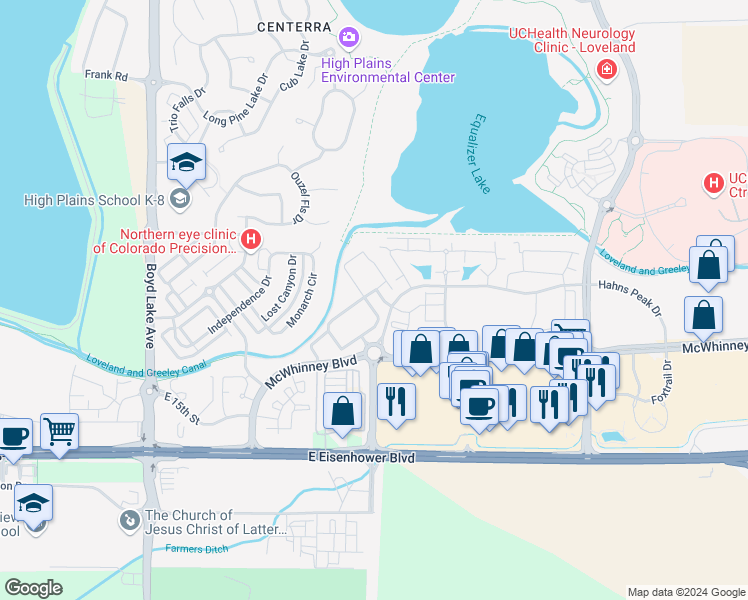 map of restaurants, bars, coffee shops, grocery stores, and more near 2115 Grays Peak Drive in Loveland