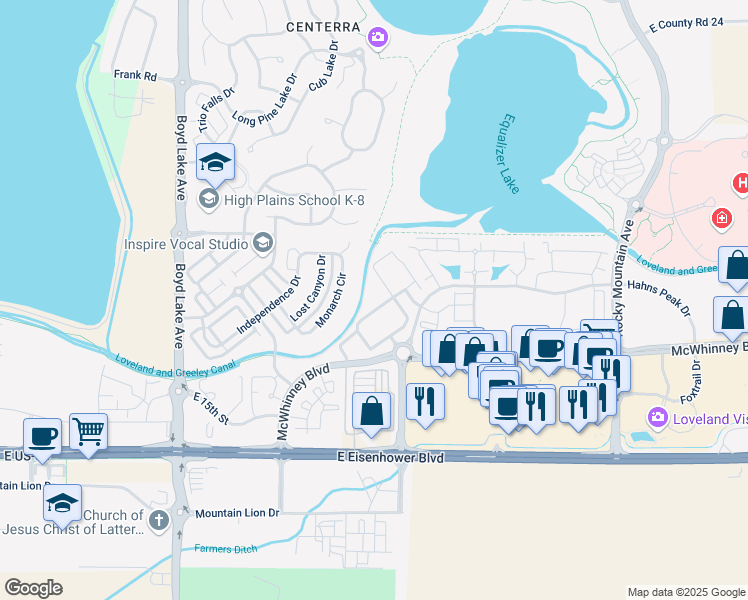 map of restaurants, bars, coffee shops, grocery stores, and more near 2115 Grays Peak Drive in Loveland