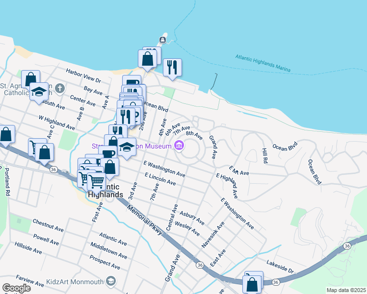 map of restaurants, bars, coffee shops, grocery stores, and more near in Atlantic Highlands