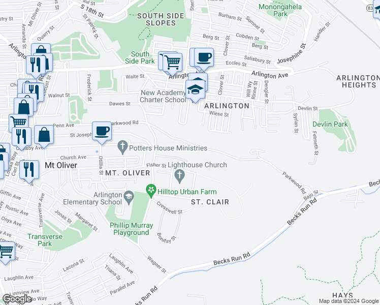 map of restaurants, bars, coffee shops, grocery stores, and more near 818 Parkwood Road in Pittsburgh