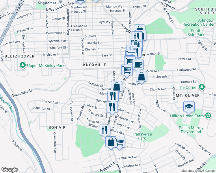 map of restaurants, bars, coffee shops, grocery stores, and more near 222 Mathews Avenue in Pittsburgh