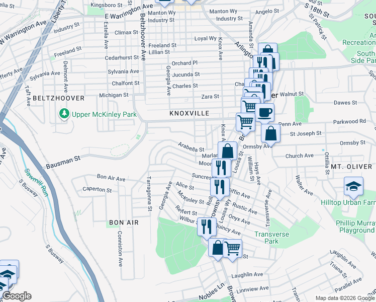 map of restaurants, bars, coffee shops, grocery stores, and more near 312 Mathews Avenue in Pittsburgh