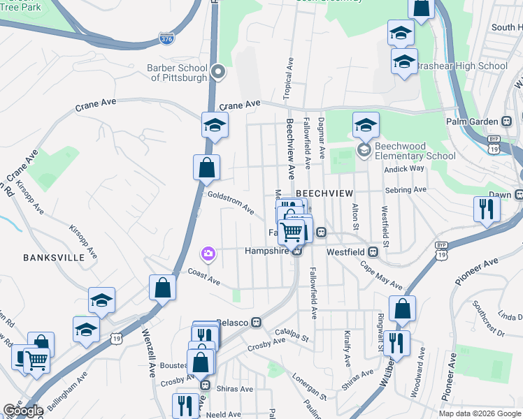 map of restaurants, bars, coffee shops, grocery stores, and more near 1429 Rutherford Avenue in Pittsburgh