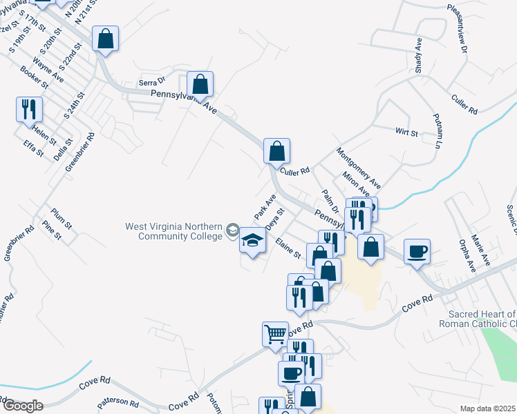 map of restaurants, bars, coffee shops, grocery stores, and more near 136 Ronnie Lane in Weirton