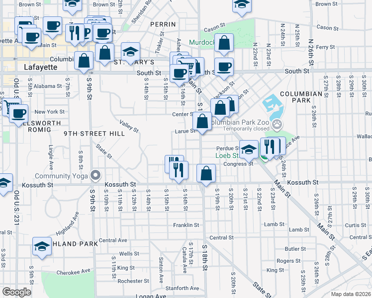 map of restaurants, bars, coffee shops, grocery stores, and more near 1601 Perdue Street in Lafayette