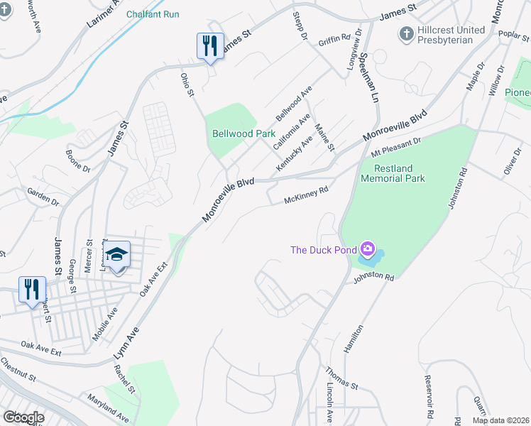 map of restaurants, bars, coffee shops, grocery stores, and more near 2028 Margarite Street in Monroeville