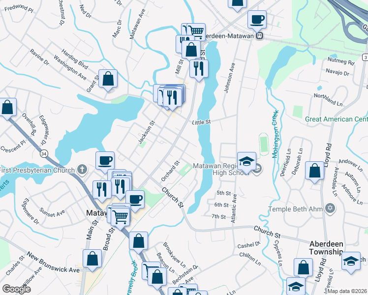 map of restaurants, bars, coffee shops, grocery stores, and more near 119 Broad Street in Matawan