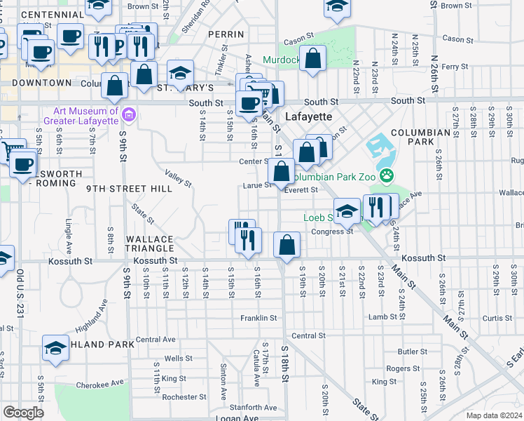 map of restaurants, bars, coffee shops, grocery stores, and more near 1601 Perdue Street in Lafayette
