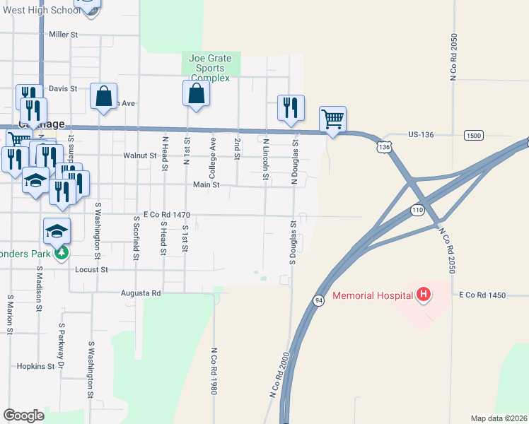 map of restaurants, bars, coffee shops, grocery stores, and more near 1-99 South Lincoln Street in Carthage