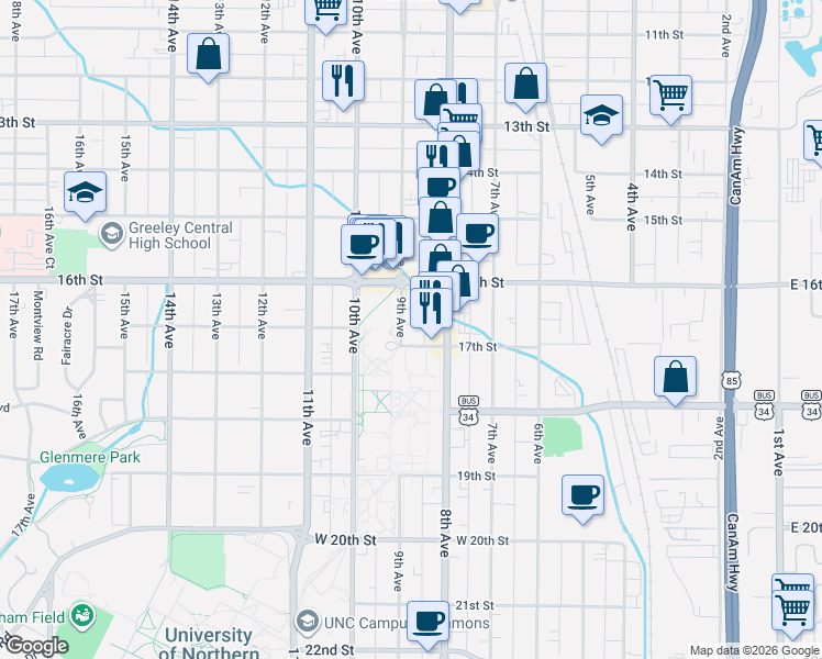 map of restaurants, bars, coffee shops, grocery stores, and more near 1632 9th Avenue in Greeley