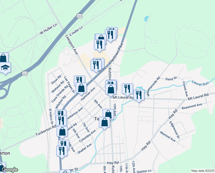 map of restaurants, bars, coffee shops, grocery stores, and more near 5030 Kutztown Road in Temple