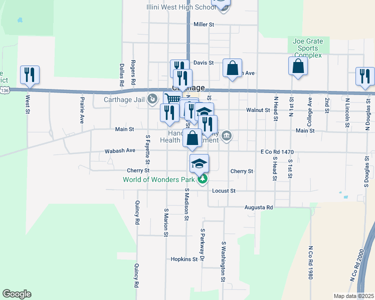 map of restaurants, bars, coffee shops, grocery stores, and more near 96 South Madison Street in Carthage