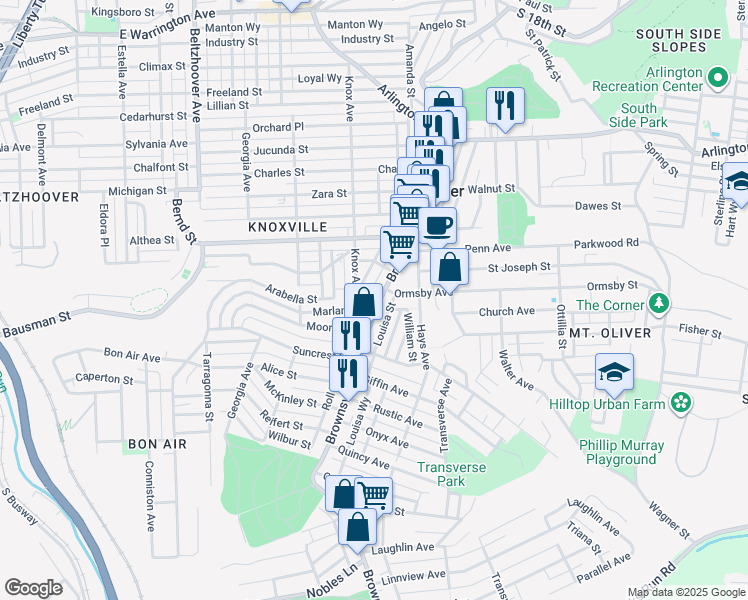 map of restaurants, bars, coffee shops, grocery stores, and more near 411 Brownsville Road in Pittsburgh