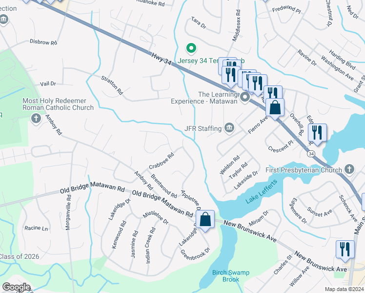 map of restaurants, bars, coffee shops, grocery stores, and more near 46 Appletree Drive in Matawan