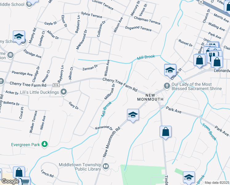 map of restaurants, bars, coffee shops, grocery stores, and more near 24 Cherry Tree Farm Road in Middletown Township