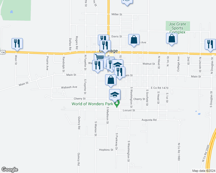 map of restaurants, bars, coffee shops, grocery stores, and more near 96 South Madison Street in Carthage