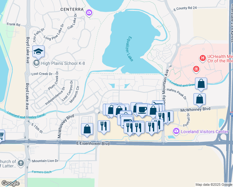 map of restaurants, bars, coffee shops, grocery stores, and more near in Loveland