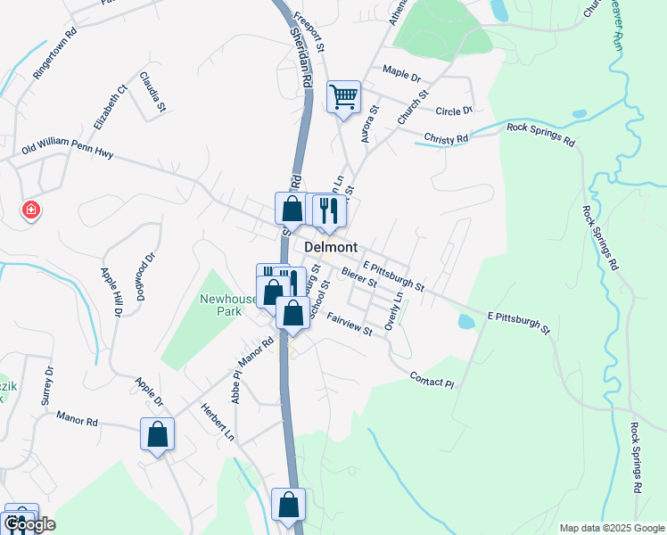 map of restaurants, bars, coffee shops, grocery stores, and more near in Delmont