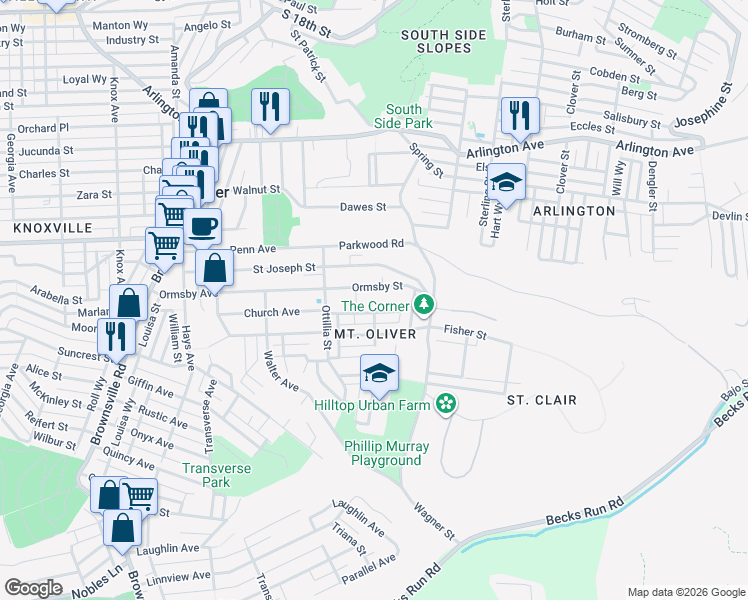 map of restaurants, bars, coffee shops, grocery stores, and more near 437 Ormsby Street in Pittsburgh