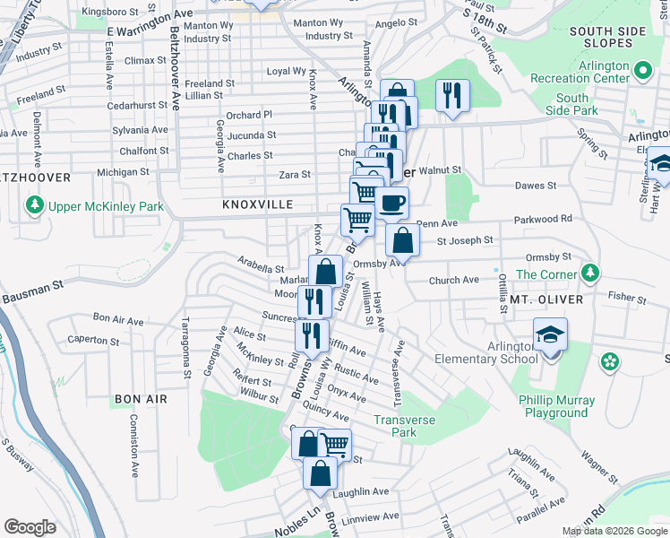 map of restaurants, bars, coffee shops, grocery stores, and more near 411 Brownsville Road in Pittsburgh