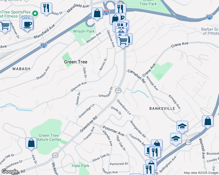 map of restaurants, bars, coffee shops, grocery stores, and more near 1072 Greenlawn Drive in Pittsburgh