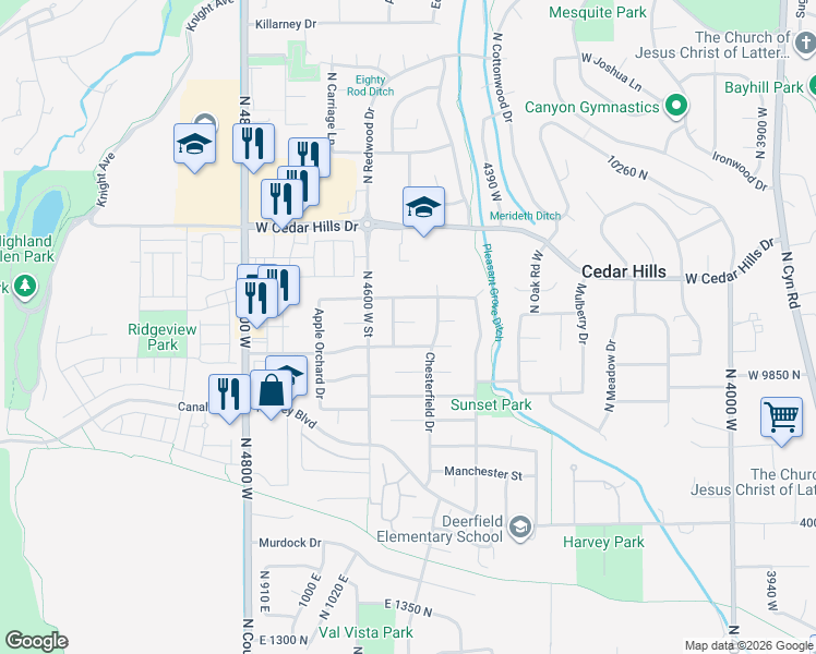 map of restaurants, bars, coffee shops, grocery stores, and more near 4533 Spring Circle in Cedar Hills