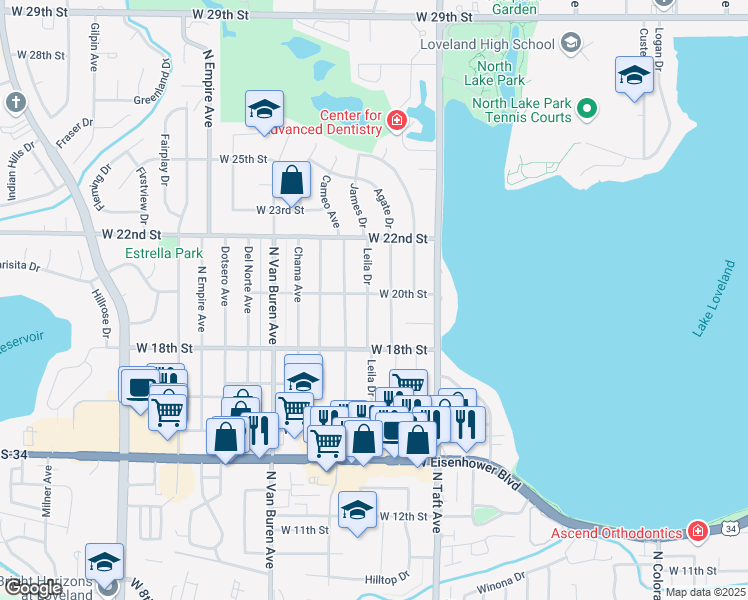 map of restaurants, bars, coffee shops, grocery stores, and more near 1912 Leila Drive in Loveland