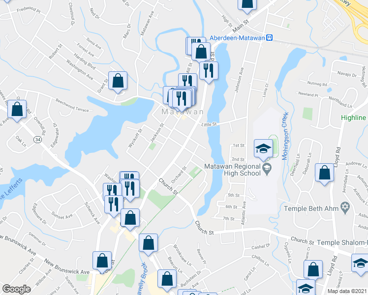 map of restaurants, bars, coffee shops, grocery stores, and more near 1 Center Street in Matawan