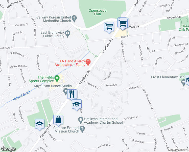 map of restaurants, bars, coffee shops, grocery stores, and more near 261 Cranbury Circle in East Brunswick