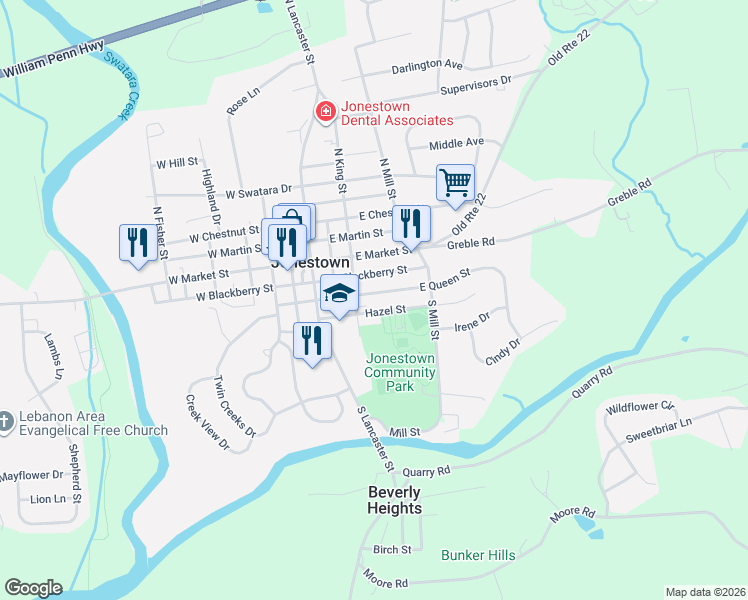 map of restaurants, bars, coffee shops, grocery stores, and more near 22 South King Street in Annville