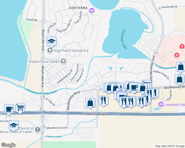 map of restaurants, bars, coffee shops, grocery stores, and more near 2043 Grays Peak Drive in Loveland