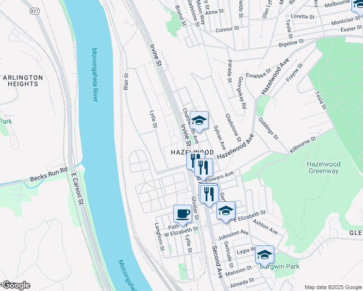 map of restaurants, bars, coffee shops, grocery stores, and more near 4734 Second Avenue in Pittsburgh