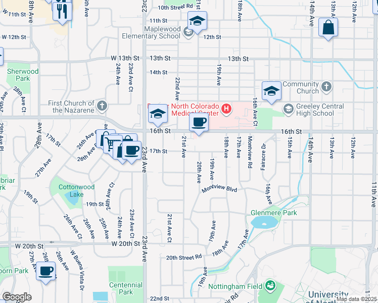 map of restaurants, bars, coffee shops, grocery stores, and more near 1620 21st Avenue in Greeley